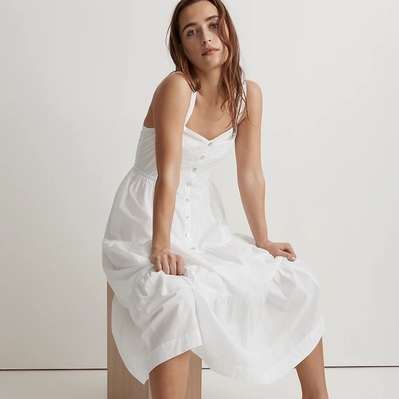 Madewell button front tiered midi dress eyelet white sleeveless - Picture 2 of 5